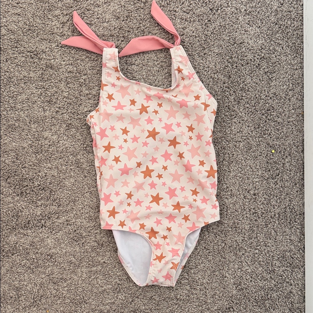 Girls' Pink Star-Print One-Piece Swimsuit with Tie Straps